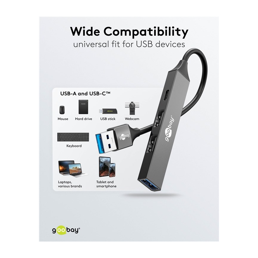 Goobay 74458 keskitin USB 3.2 Gen 1 (3.1 Gen 1) Type-A 5000 Mbit/s Vaaleanharmaa – 5