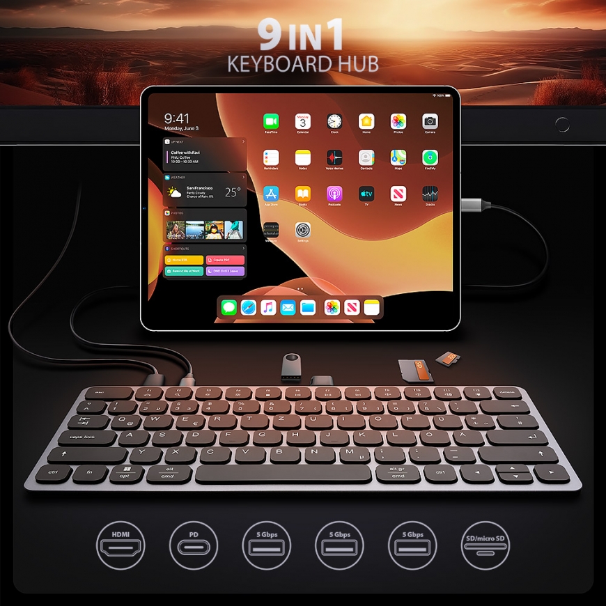 Axagon HMC-KB-GE, USB 5Gbps hub w. keyboard, HDMI 4K/60Hz, 3x USB-A, SD/mSD, audio, PD 100, German l – 3