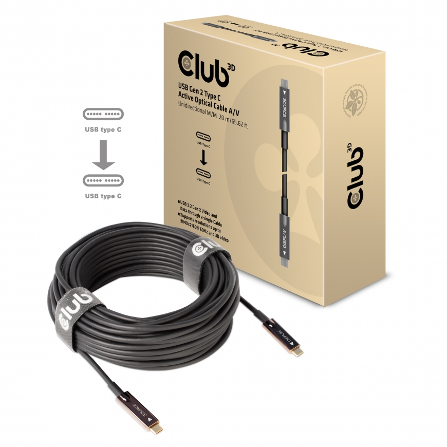 CLUB3D USB3.2 G2 TYPE-C ACT. OPT. A/V M/M 20M USB kabelis USB 3.2 Gen 2 (3.1 Gen 2) USB C Melns – 2