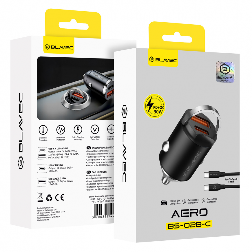 Blavec Car charger BS-02B-C Aero - USB + Type C - QC 3.0 18W PD – 5