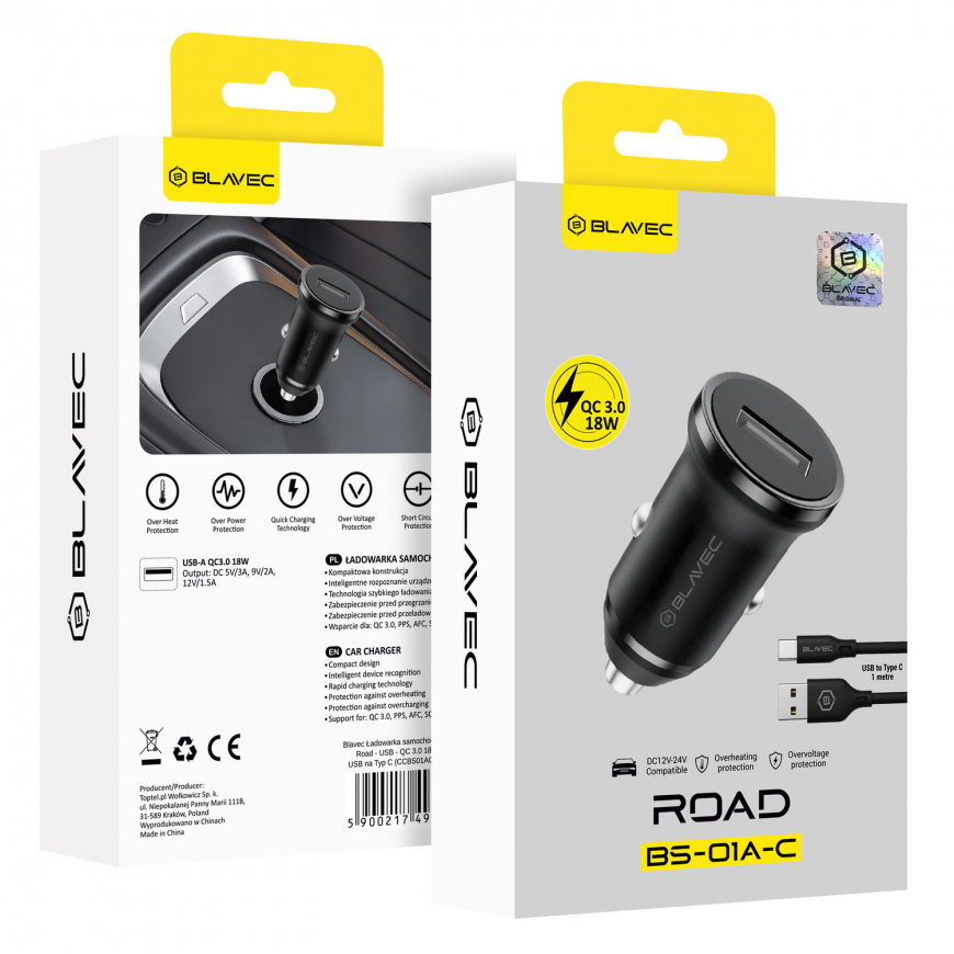 Blavec Car charger BS-01A-C Road - USB - QC 3.0 18W with USB to – 4