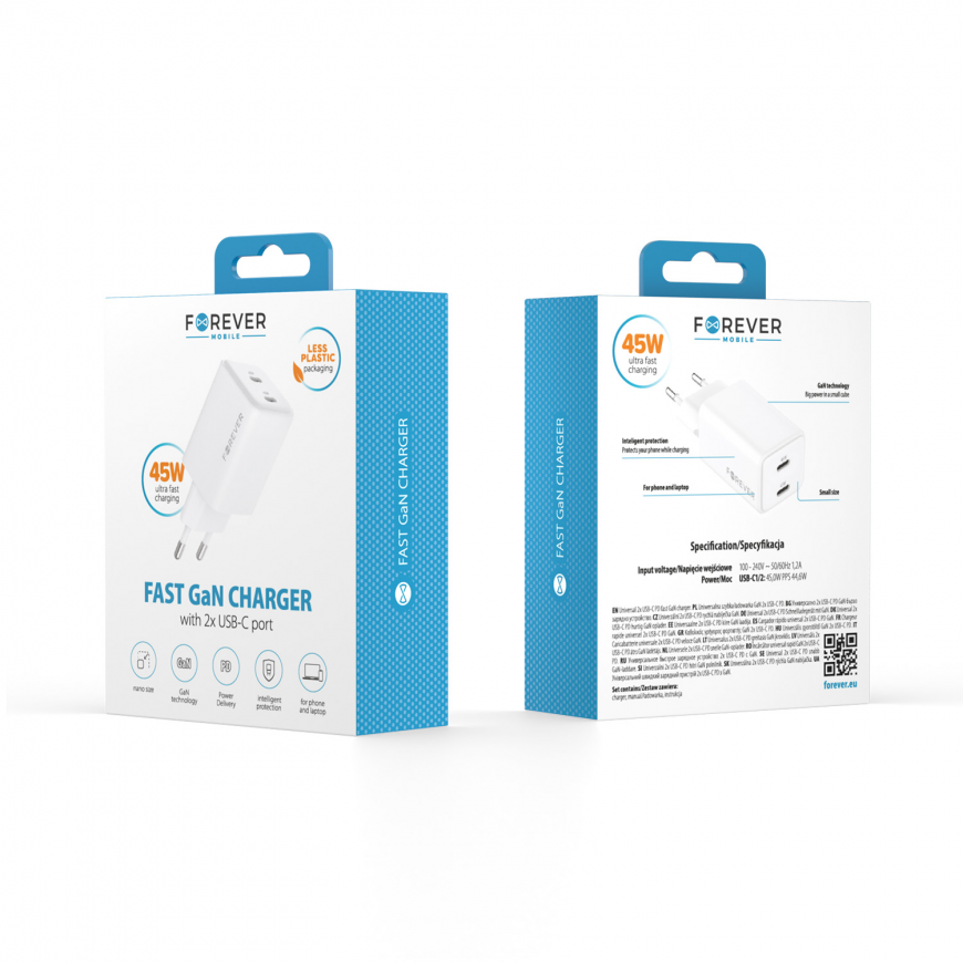 Forever TC-08-45CC GaN PD charger 2x USB-C 45W white – 3