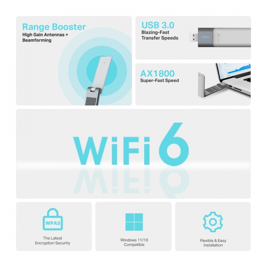 TP-Link Archer AX1800 High Gain Dual Band Wi-Fi 6 USB Adapter – 5