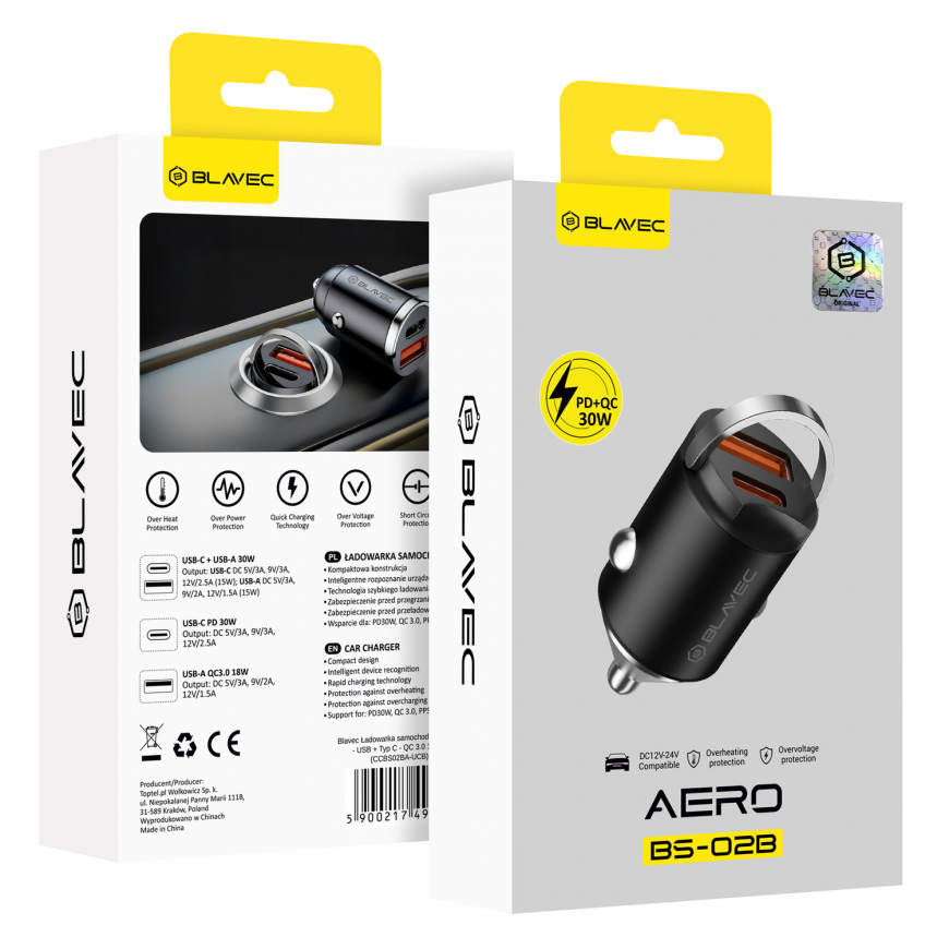 Blavec Car charger BS-02B Aero - USB + Type C - QC 3.0 18W PD 30 – 5