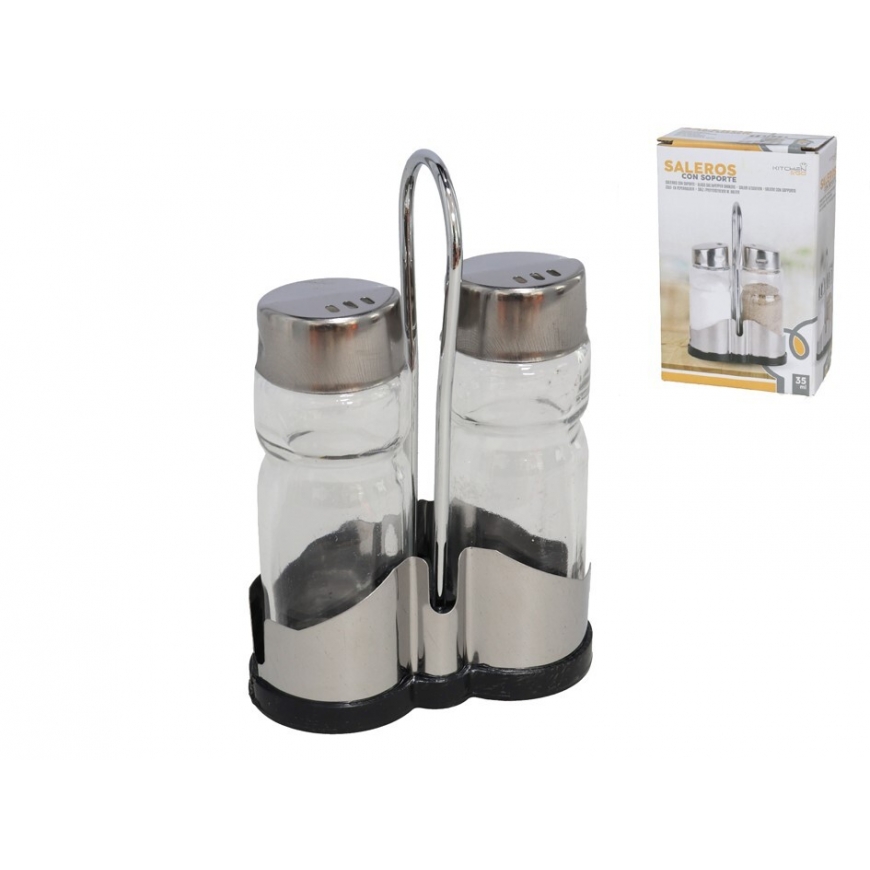 Glass Salt & Pepper Shakers W/Rack, 12 X 4 X 8 Cm, KITCHEN&GO