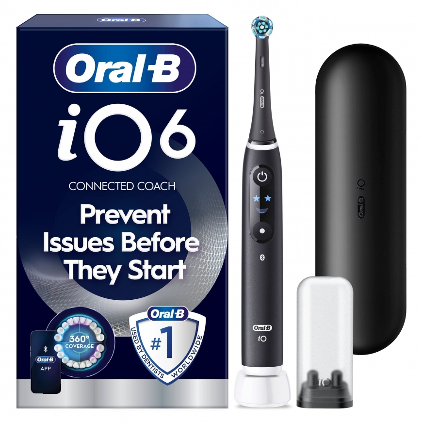 Oral-B iO6 elektrinis dantų šepetėlis, juodas + kelioninė dėžutė