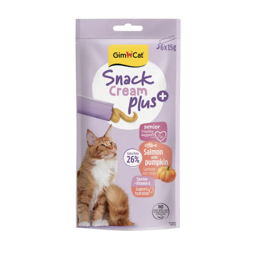 Gardumi kaķiem — GimCat SNACK CREAM + SALMON & PUMPKIN (SENIOR)