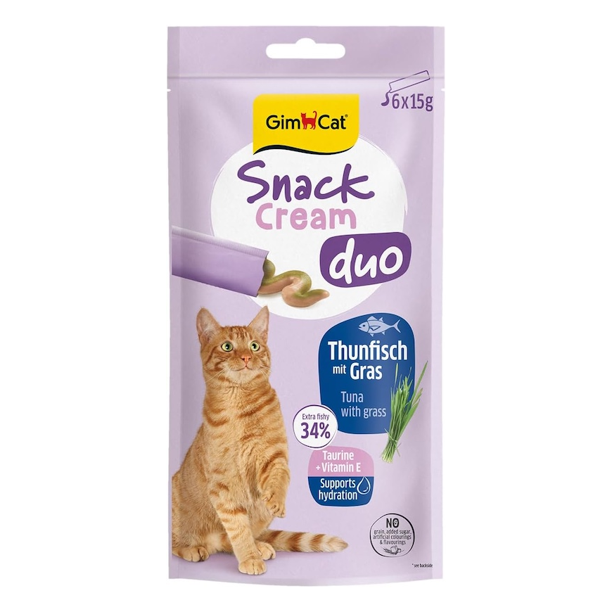 Gardumi kaķiem - GimCat SNACK CREAM DUO TUNA & GRASS 6 X 15 G