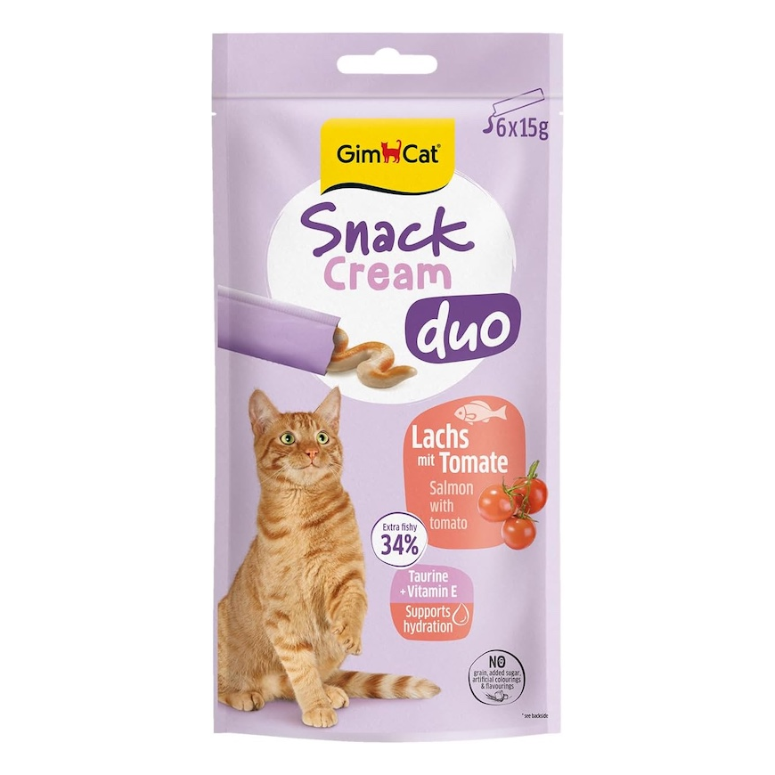 Gardumi kaķiem - GimCat SNACK CREAM DUO SALMON & TOMATO 6 X 15 G