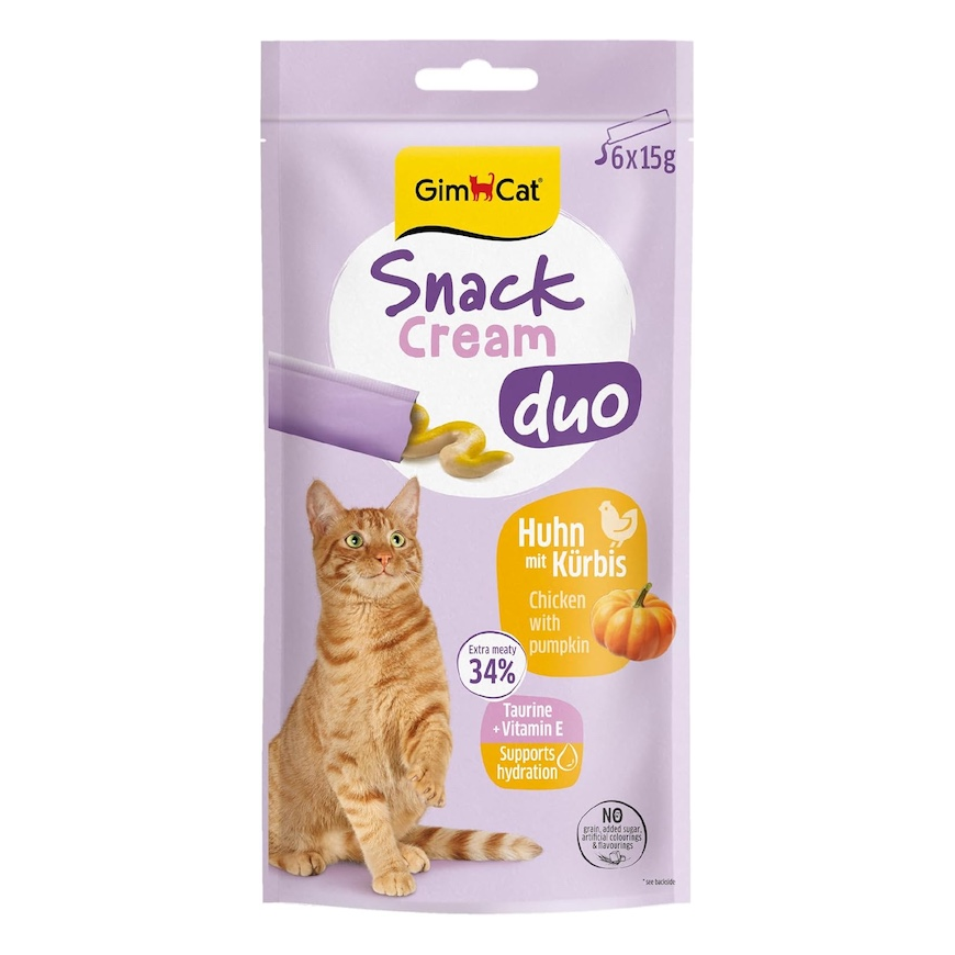 Gardumi kaķiem - GimCat SNACK CREAM DUO CHICKEN & PUMPKIN 6 X 15