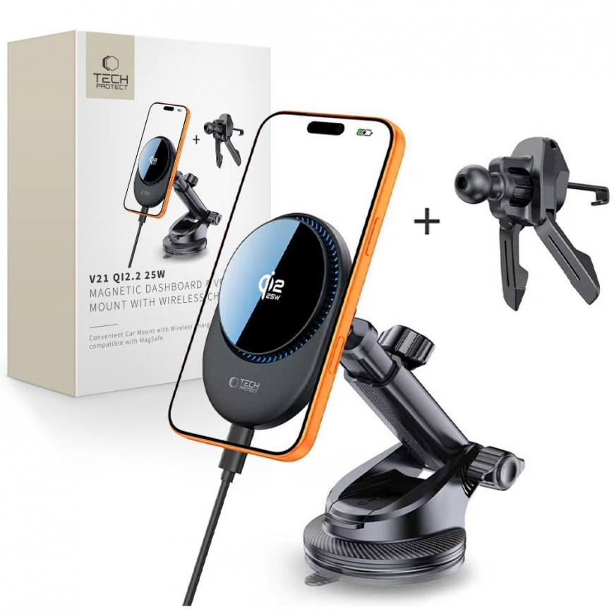 Tech-Protect V21 MagSafe Car Holder with 25W QI2.2 Inductive Cha