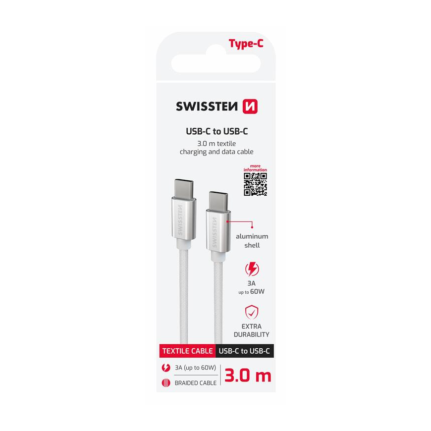 Swissten Textile Universāls Quick Charge 3.1 USB-C / USB-C Datu un Uzlādes Kabelis 3m sudrabs – 2