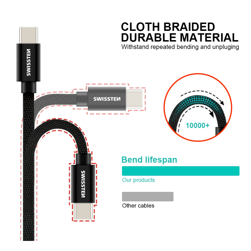 Swissten Textile Universāls Quick Charge 3.1 USB-C / USB-C Datu un Uzlādes Kabelis 3m sudrabs – 3
