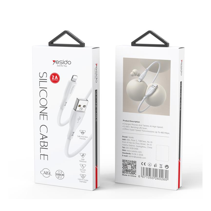 YESIDO SILICONE CABLE CA119 12W USB|LIGHTNING 1M 2,4A WHITE – 2