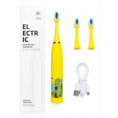 Kids Rechargeable Sonic Electric Toothbrush, USB Charging, 3 Brush Heads (1+2 Replacement Heads), Soft Bristles, Waterproof, Yel