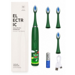 Kids Sonic Electric Toothbrush, Waterproof, 5 Brush Heads (1+4 Replacement Heads), Battery Powered, Soft Bristles, Green Frog De