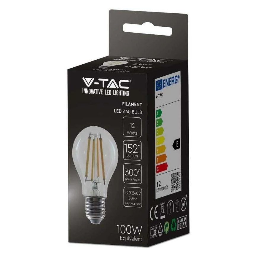 V-tac 12W LED filament bulb, E27, A60, 3000K – 3