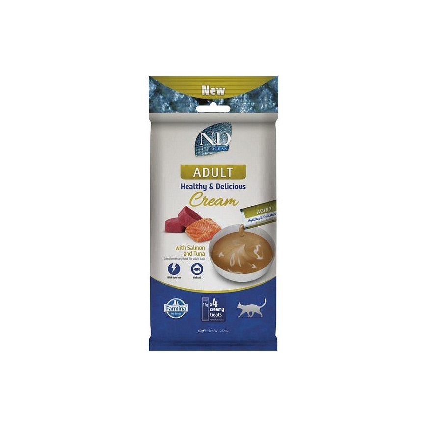FARMINA N&D Ocean Cat Cream su lašių ir tuno skonio suaugusiems katėms – skanėstas suaugusiems katėms – 4x15g – 2