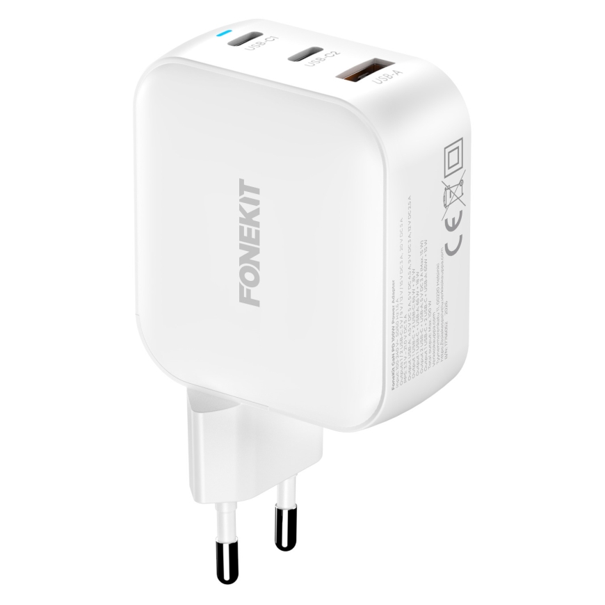 FoneKit GaN PD 100 W pikalaturi, 2 × USB-C + USB-A, valkoinen – 4