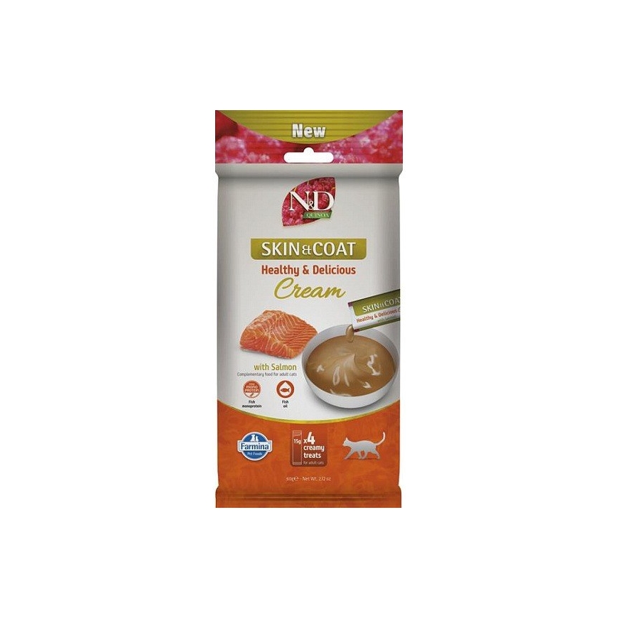 FARMINA N&D Quinoa Cat Skin & Coat Cream su lašių mono – kačių skanėstas – 4x15g