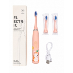 Kids Rechargeable Sonic Electric Toothbrush, USB Charging, 3 Brush Heads (1+2 Replacement Heads), Soft Bristles, Waterproof, Bun