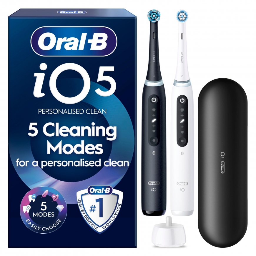 Oral-B iO5 elektrinė dantų šepetėlis, juodas ir baltas + kelioninė dėžutė