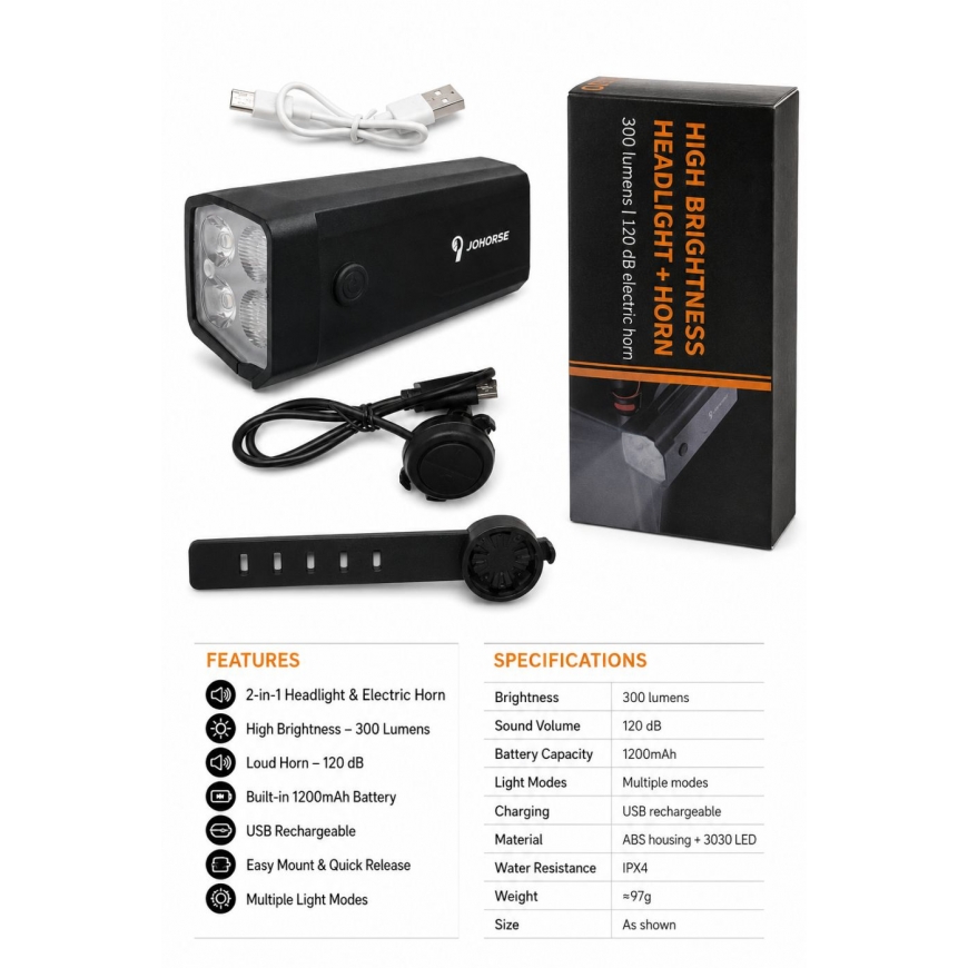 Uzlādējams velosipēda priekšējais lukturis ar 120dB elektrisko signālu, 300 lūmenu LED velosipēda gaisma, USB uzlādējams, ar stū
