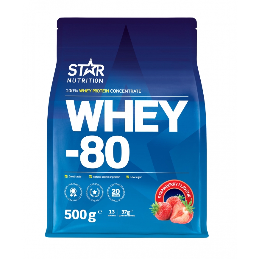 Star Nutrition Whey-80 zemeņu proteīna pulveris, 500 g
