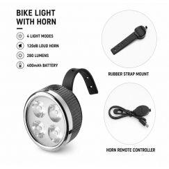 Lādējams velosipēda priekšējais lukturs ar 120dB rūkoņu, 280 lumenu, 4 gaismas režīmiem, USB uzlādi, bezvadu tālvadību.