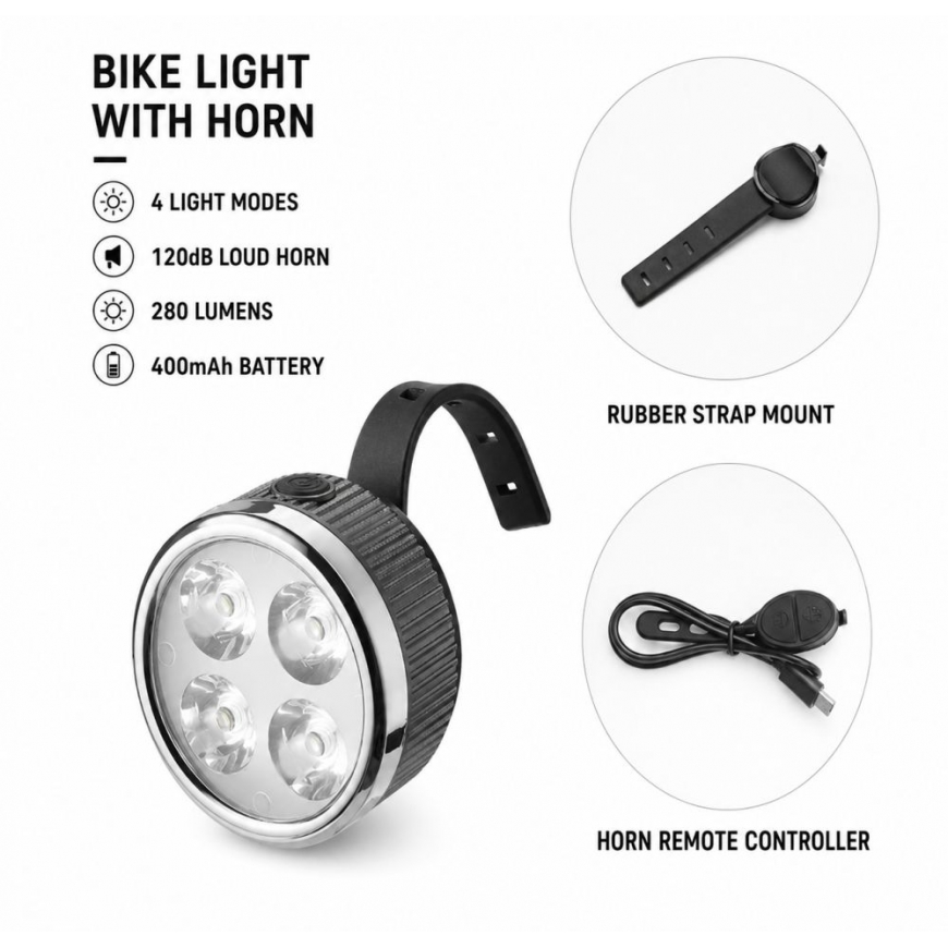 Laetav Jalgratta Esituled 120dB Horniga, 280 Lumenit, 4 Valgurežiimi, USB Laetav, Traadita Kaugjuhtimine