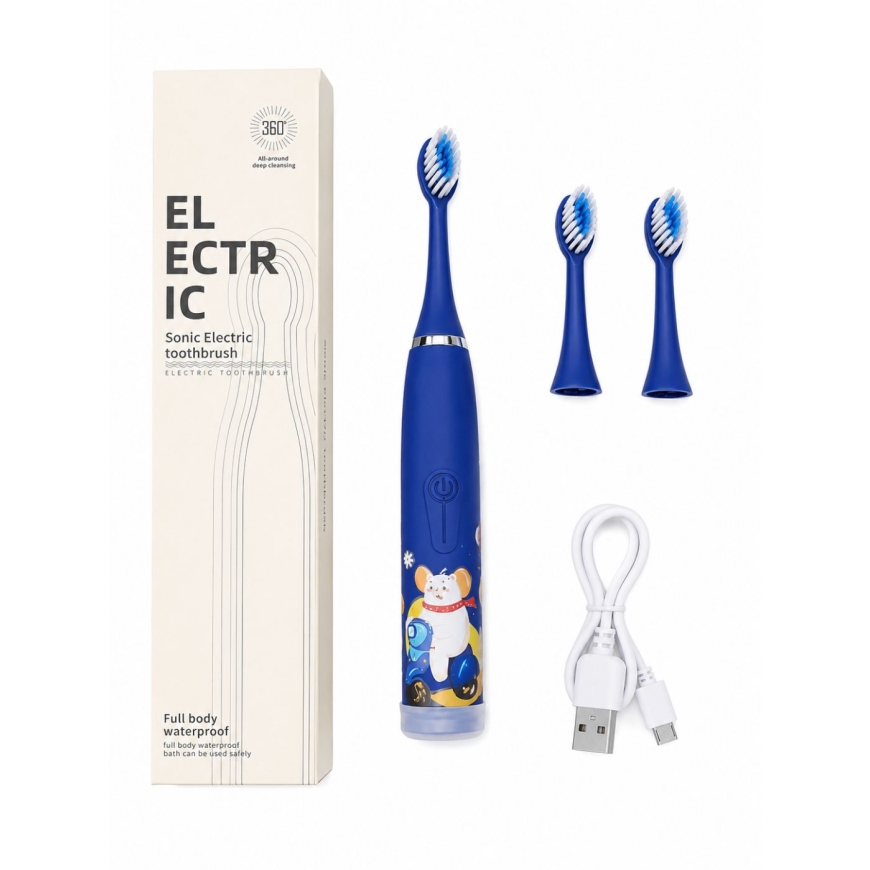 Laste laetav sonic elektriharja, USB laadimine, 3 harjapea (1+2 asendusharja), pehmed harjased, veekindel, sinine karu disain Si