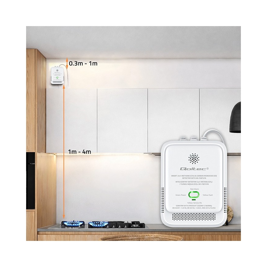Qoltec 52654 2in1 natural gas and carbon monoxide (CO) leak detector | CH4 | CO | NG | Tuya | Wi-Fi | 85dB alarm | LED – 3