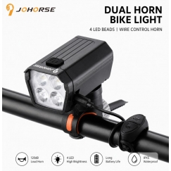 JOHORSE USB uzlādējama velosipēda priekšējā lampa ar 120dB elektrisko signālu, 300LM 4 LED gaismas, 7 apgaismojuma režīmi, stūre