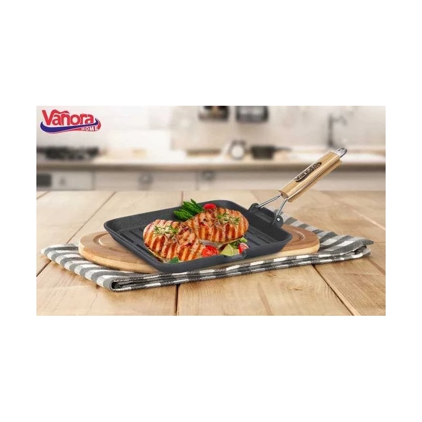 Ketaus grila panna ar noņemamu koka rokturi, 23x2 cm, krāsaina etiķete iepakojumā, VANORA HOME – 5