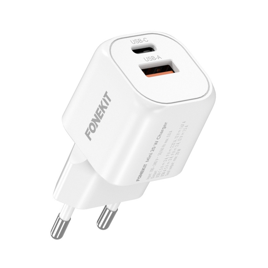 FoneKit Mini 20 W kiirlaadija, USB-C + USB-A, valge – 3
