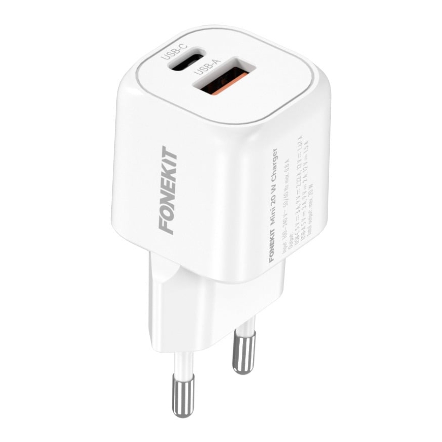 FoneKit Мини 20 Вт быстрое зарядное устройство, USB-C + USB-A, белый – 5