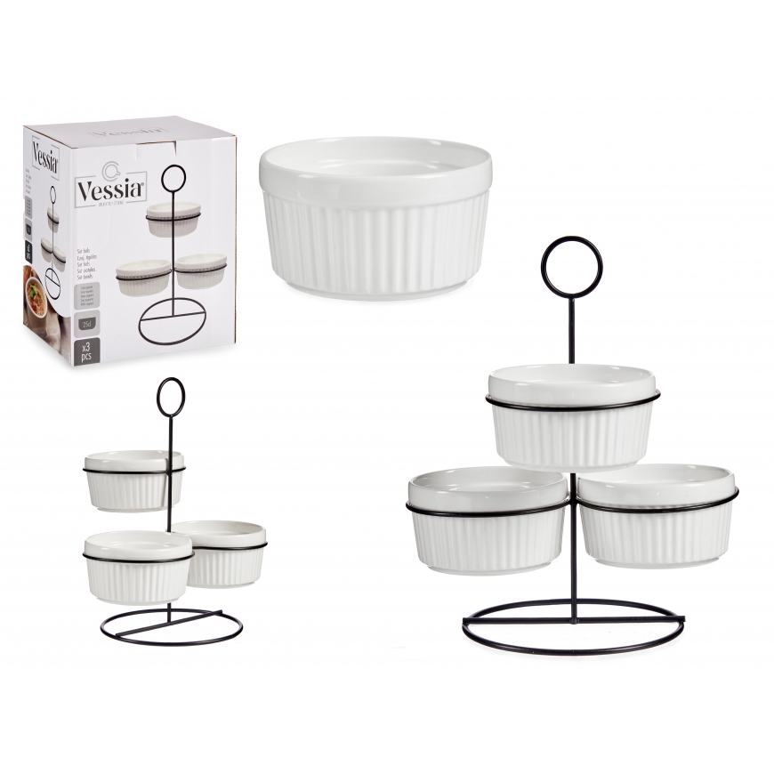 Set of 3 round white bowls with stand, 250 ml, 90422, Vessia
