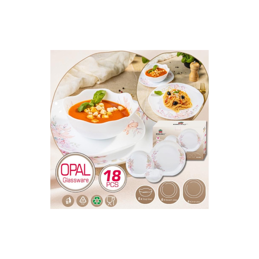 Glass plates, set of 18 (dinner, dessert, soup), opal, white, KH – 3