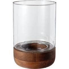 Mondex Glass Candle Holder with Mango Wood Base, 18x18x28 cm, Dark Brown