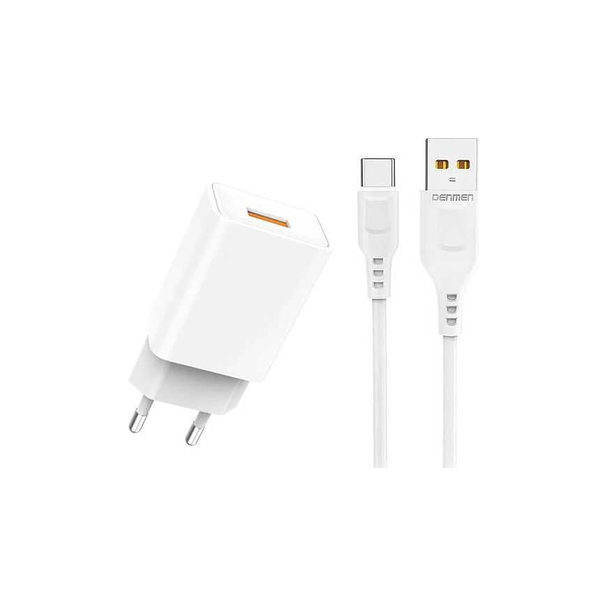 Denmen DC01 2.4A + USB-C Kabelis Balts