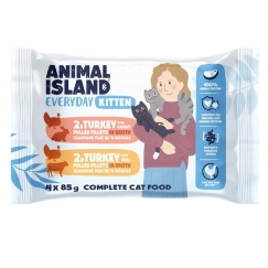 ANIMAL ISLAND Igapäevane kassipoeg Türgi ja küüliku, Türgi ja vasika kast - märg kassitoit - 4x85g