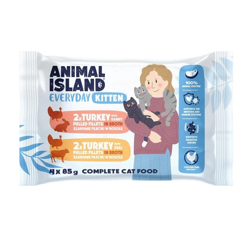 ANIMAL ISLAND Ikdienas kaķēnu barība ar tītaru un trusi, tītaru un teļa gaļu - mitrā kaķu barība - 4x85g