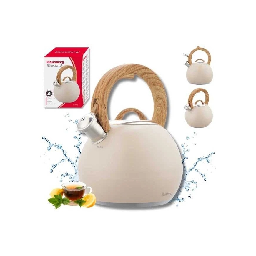 Virdulys, Plieninis virdulys 3 l, matinės smėlio spalvos, su medžio imitacijos rankena, Klausberg kb-7956