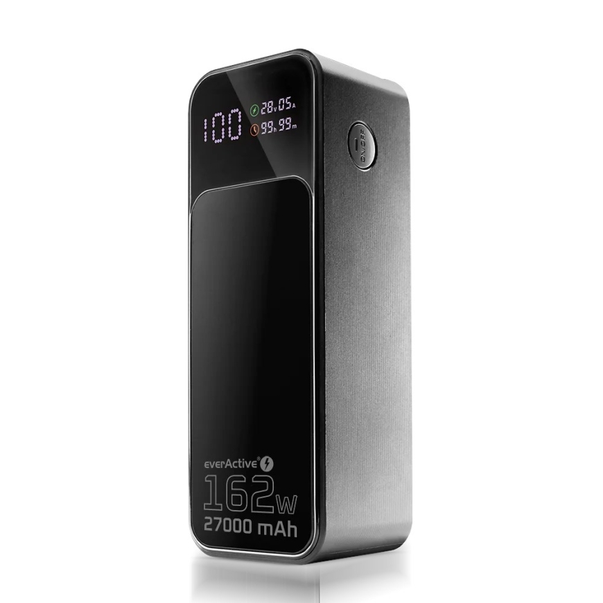 Повербанк 27 000мАч, 1x USB, 2x USB-C, 162,5Вт, QC4+, фонарик, LCD экран, черный