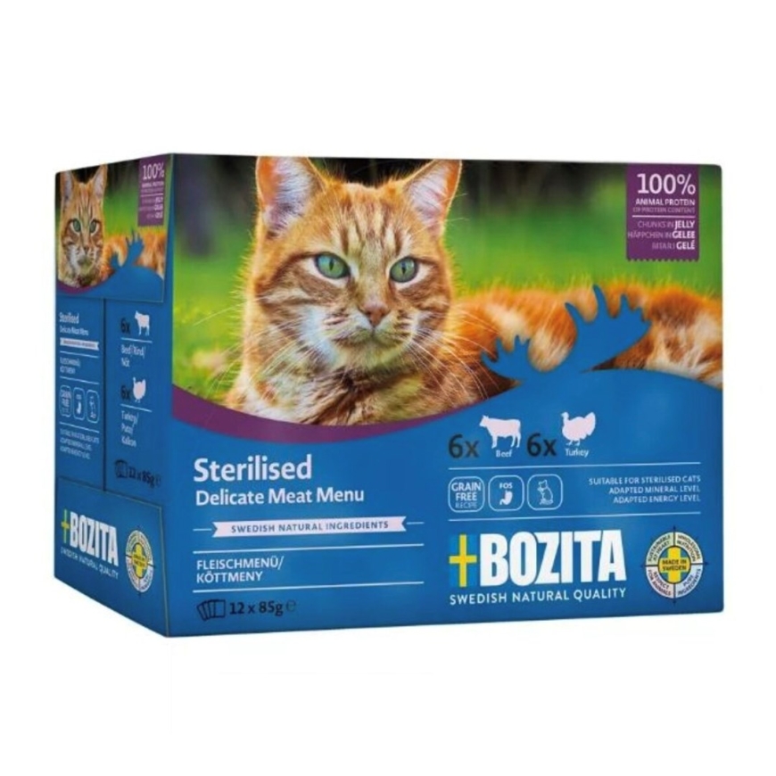 BOZITA Sterilised Delicate gaļas ēdienkarte želejā kastē – mitrs kaķu barība – 12x85g