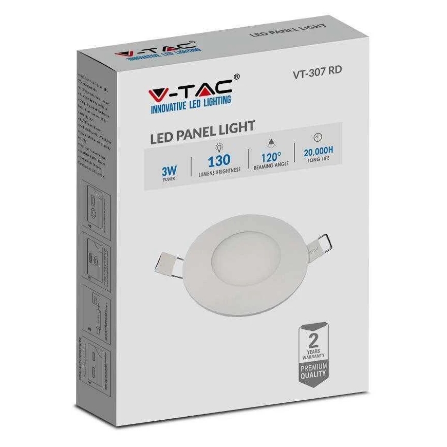 V-tac 3W LED iebūvējamā paneļa, balta, 4000K, ar barošanas avotu – 4