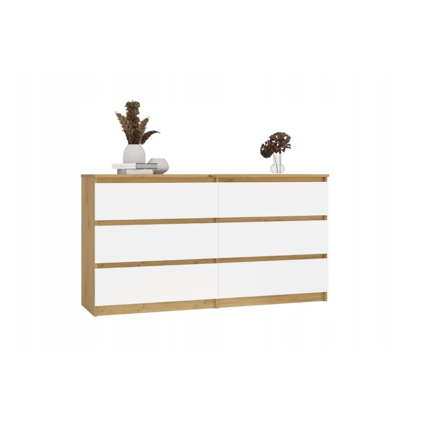 M6 MALWA KOMODAS 140 CM 6 STRAUKIAI ĄŽUOLAS/AIKŠTELĖS BALTA – 3