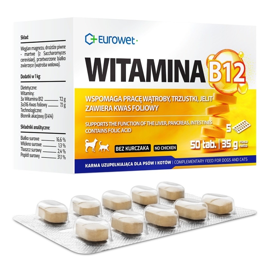 EUROWET Vitamin B12 - lisäravinteet koirille ja kissoille - 50 tablettia