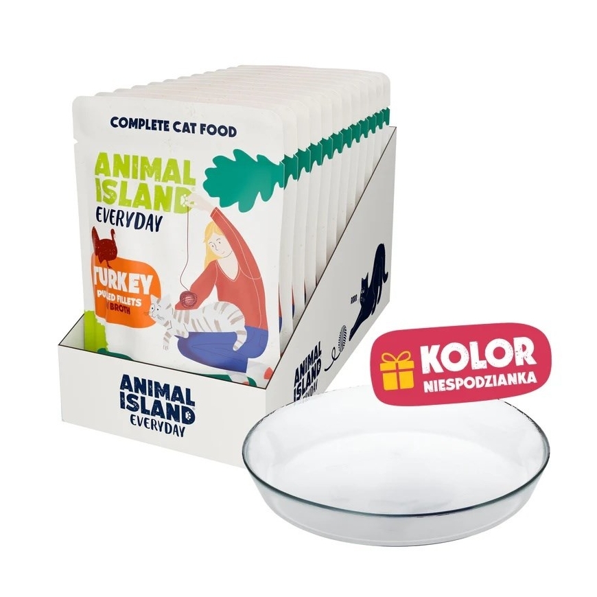 ANIMAL ISLAND Kasdienis kalakutas sultinyje Dėžutė - drėgnas kačių maistas - 12x85g + nemokamas lėkštė