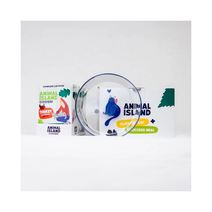ANIMAL ISLAND Kasdienis kalakutas sultinyje Dėžutė - drėgnas kačių maistas - 12x85g + nemokamas lėkštė – 2